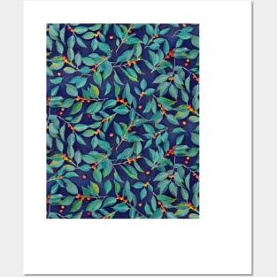 Leaves + Berries in Navy Blue, Teal & Tangerine Posters and Art